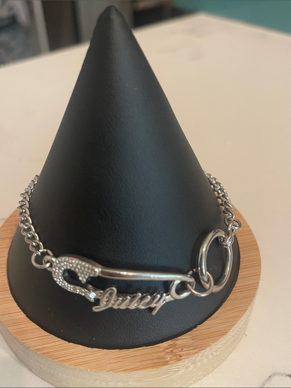 Juicy Couture Silver Logo Safety Pin Charm Bracelet
